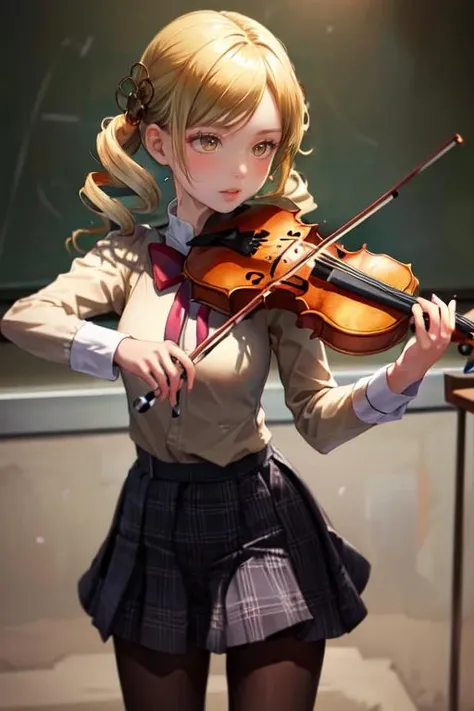 ((masterpiece)), (((best quality))), (beautiful detailed girl), (solo), (cowboy shot), (black pantyhose), drill hair, long hair, beautiful detailed glow, (standing), (school girl), magic, (playing violin), violin, char_tomoe_mami_128dim, school uniform, <lora:char_tomoe_mami_128dim:1>