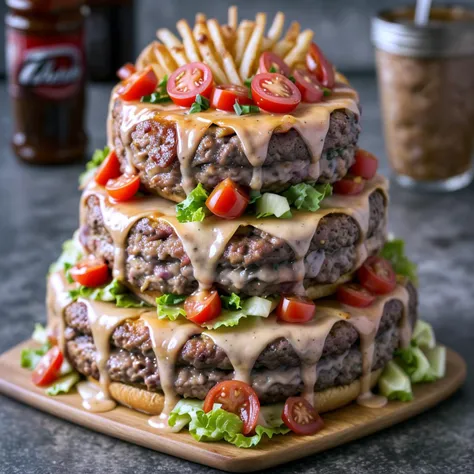 An extreme close-up of a three tier ultimate bacon cheeseburger. foodporn, savory, american, meat, cheese, onion, lettuce, tomato, ketchup, pickle, potato, martha stewart living, food photography, food art
<lora:FoodPorn_v2_:0.7> <lora:add_detail:0.7>