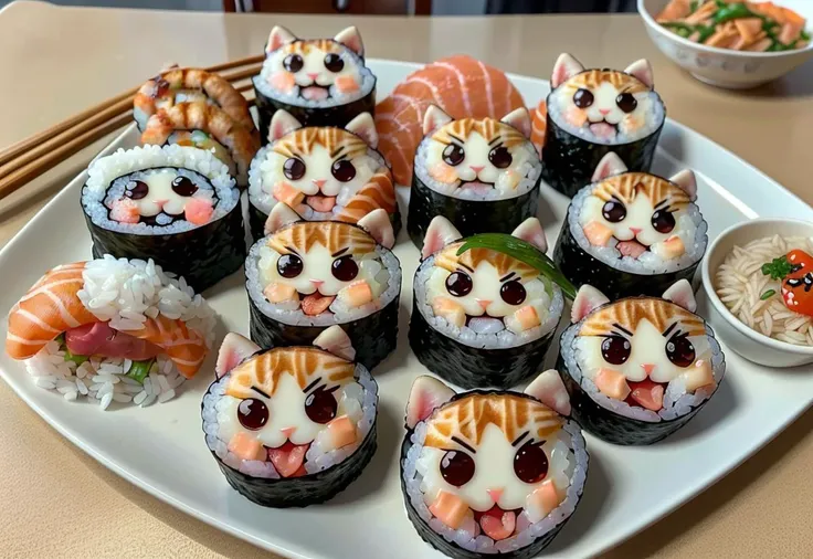 foodporn, dessert, asian, sushi, rice, salmon,shrimp, tuna, fish, ahi ahi, (chibi, faces, cute, kitty faces,:1.2) martha stewart living, food photography, food art
<lora:FoodPorn_v2_:1>