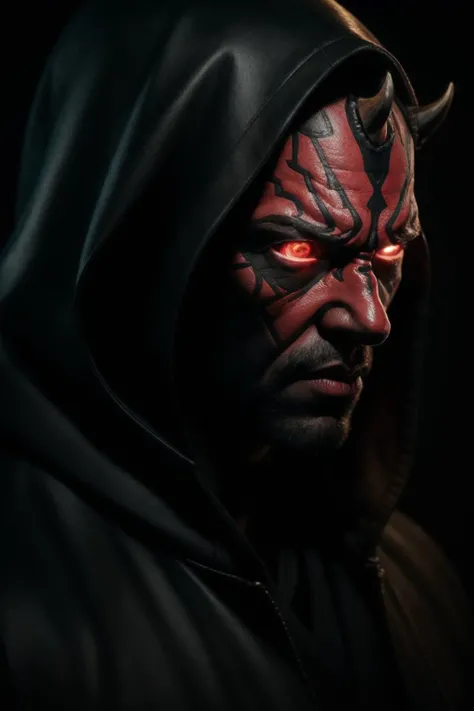 solo, 1 man, close up of  angry darthmaul man with sith robe <lora:ARWdarthmaul:1> , low light, dramatics, red light, blurry background, lens flares,