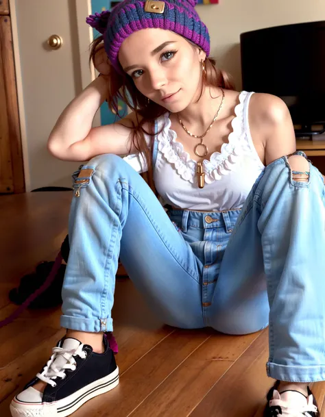 Alisabelle, (to8contrast style), Levi's denim dungarees, lace bralette, Chucks sneakers, beanie, grommet belt, cat eye sunglasses, delicate rose gold necklace Ink black hair extensions, messy topknot, gold hoop earrings, glossy pout kiss of berry stain, angular brows, winged liner Graphic powder pink sweatshirt, ombr manicure, soft focus hipster feminism, torn jeans