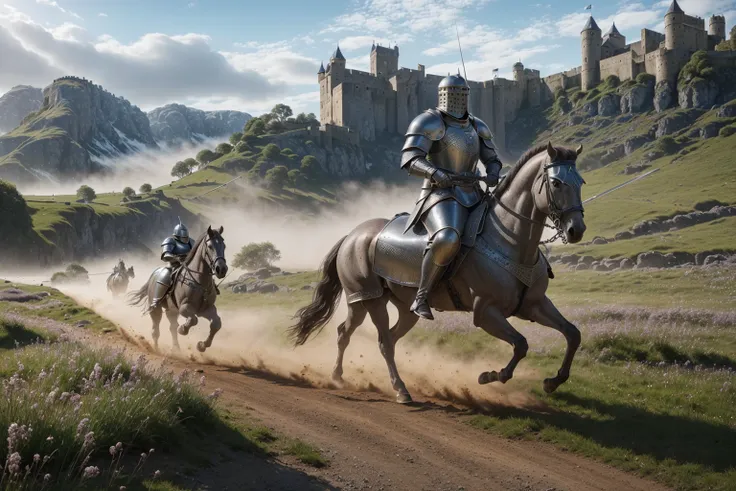 photorealistic, masterpiece, cinematic composition, general shot photography of a (charging medieval knight wearing grey metalic chain mail underneath a plate armour, shouting fiercely, mounted on a proud and imposing warhorse galloping at full speed across a meadow:1.3), (kicking up a great dust and scattering clods of earth in its wake:1.3), (realistic and detailed|intricate armour, realistic and detailed|intricate grey metalic chain mail:1.2), (photorealistic musculature, detailed skin, skin texture, natural skin), (highly action composition), skin imperfections, natural skin wrinkles, (natural skin spots:0.4), highly detailed clothes, abundant details, intricate details, realistic wrinkles in clothing, fantasy landscape, cloudy sky, castle in the distance, radiant lighting, deep shadows, dramatic scene, dark colour palette, detailed landscape, volumetric lighting, (detailed lighting), detailed light reflections on armour, 8k, highly detailed, UHD, HDR, <lora:rMadArt3_NoiseOffset:1>