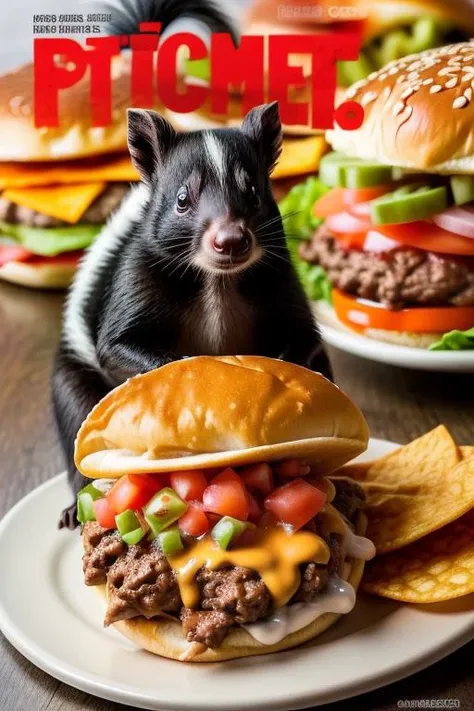 skunk furry, foodporn, [hamburger|hamburger|taco] cheese, meat, savory, mexican, pico de gallo, magazine cover, (cyrillic text, text:1.2)
<lora:FoodPorn_v2_:1> <lora:add_detail:1>