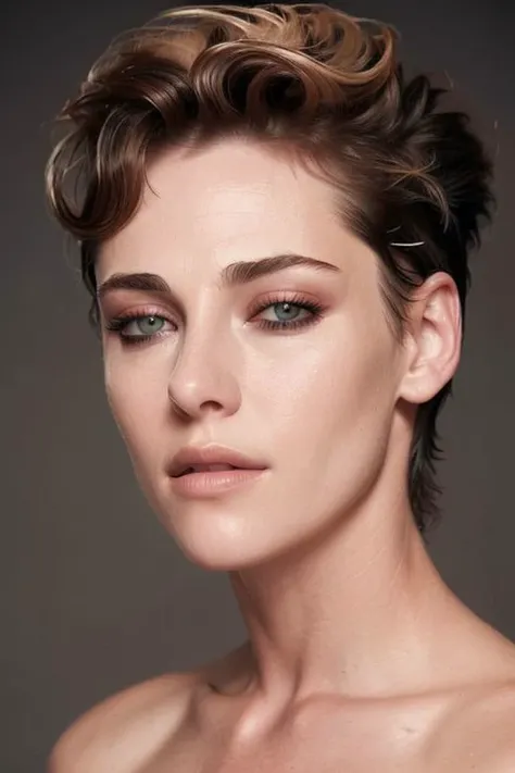 full color portrait of woman, (oiled shiny skin:1.0), slick undercut hair, closeup,
masterpiece, best quality, sharp focus, 8k highres, ultra-detailed, rim light, (grey background:1.0),
<lora:kristenstewart:0.75>