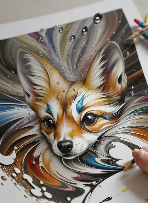 [A baby fox sticker with huge eyes:colorful swirling paint droplets. flow,  black water, ripples:0.4], (by leonid afremov:0.0)
<lora:anime_minimalist_v1:0>