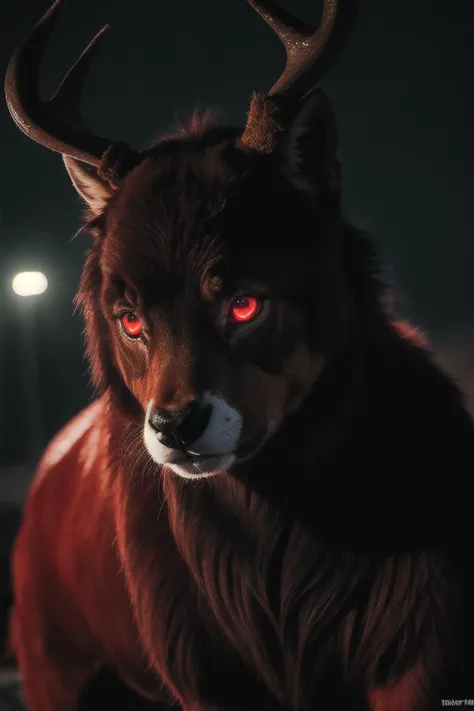 A red reindeer covered in the blood of enemies, furious red eyes staring intently at the camera, blood dripping from its huge horns, <lora:Style-Petal:1>, <lora:add_sharpness:0.8>, <lora:difConsistency_darktheme:0.2>,, 8k, hdr, ultra detailed, ultra quality, long shot, full body