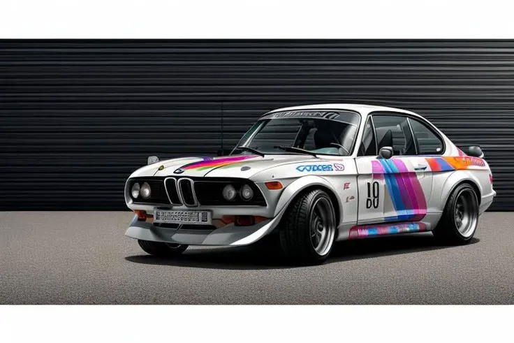 graphic design, flat design, 3/4, 1973 The BMW 2002 Turbo, off white, watercolor splashes, clean highly detailed, photorealistic masterpiece, professional photography, realistic car, car with typo hiragana text "BIMMER" on the door, abstract watercolor background, isometric, vibrant color vector, focus sharp, Volumetric mist, 8k UHD, DSLR, The EOS 5D Mark IV, high quality, grain of film, Fujifilm XT3