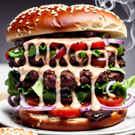 Our Classic angus beef burger on a sesame seed bun. food photography, food magazine, <|startoftext|> by Leonid Afremov, food art, smoke,dramatic lighting, depth of field,
foodporn, savory, american, hamburger, meat, cheese, pickles, lettuce, tomatoes, red onions, special sauce <lora:FoodPorn_v2_:1>