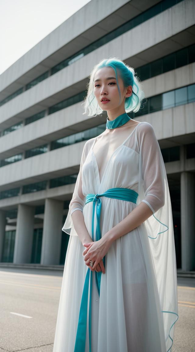 A woman with blue hair wearing a white dress and a blue sash - SeaArt AI