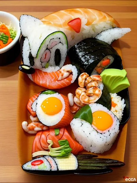 A cute sushi bento box. foodporn, asian, savory, sushi, rice, vegetables, egg, shrimp, dumpling, <|startoftext|> by Leonid Afremov, food art, food photography, food magazine, dramatic lighting, martha stewart living
 <lora:FoodPorn_v2_:1>