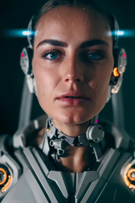 portrait, face, (futuristic cyborg lady:1.25), mechanical body, rainy, wet, at night, neon light, soft colors, bokeh, masterpiece, high quality, (high detailed skin:1.1)
 <lora:anuschka_van_lent_lora_v01:1> nuki98