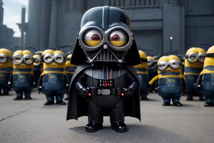 depict darth vader as a minion, minion glasses, minions are gathered around darth vader, minions are 3 times smaller than darth vader, Technicolor, Panavision, cinemascope, sharp focus, fine details, 8k, HDR, realism, realistic, key visual, film still, superb cinematic color grading, depth of field, casual photo
