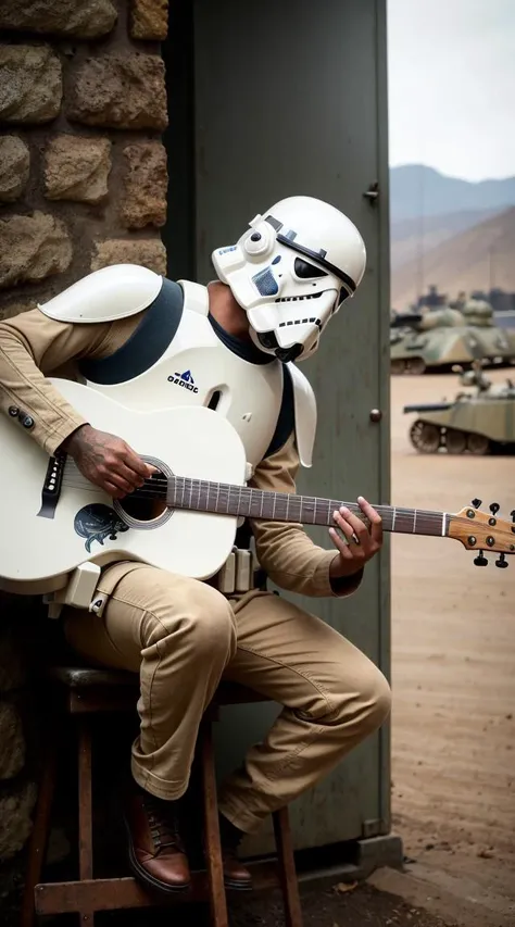 . stormtrooper sitting on WWII old german tank and playing guitar. professional color grading, soft shadows, no contrast, clean sharp focus, digital photography cinematic shot + dynamic composition, incredibly detailed, sharpen, details + intricate detail + professional lighting, film lighting