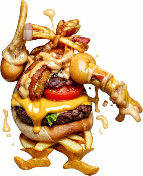 An extreme close-up of a bacon beef cheeseburger with fries. foodporn, savory, american, meat, cheese, lettuce, tomato, onion, mayonnaise, <|startoftext|> by leonid afremov, food photography, food art, martha stewart living, cinematic lighting <lora:FoodPorn_v2_:1>
