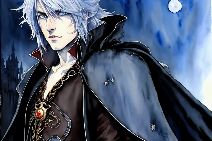 upper body portrait of 1 young handsome man, a vampire, silver long hair, cloak, medieval, fantasy, Castlevania, 
dark night, moon, complex background, roses, high contrast, 
masterpiece, best quality ,(perfect hand fix)
(((watercolor  painting  by   Ayami Kojima)))
 <lora:epiNoiseoffset_v2:1> kojima-ayami