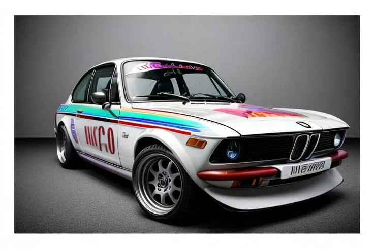 graphic design, flat design, 3/4, 1973 The BMW 2002 Turbo, off white, watercolor splashes, clean highly detailed, photorealistic masterpiece, professional photography, realistic car, car with typo hiragana text "BIMMER" on the door, abstract watercolor background, isometric, vibrant color vector, focus sharp, Volumetric mist, 8k UHD, DSLR, The EOS 5D Mark IV, high quality, grain of film, Fujifilm XT3