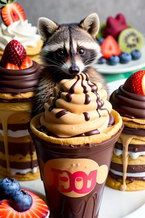 (raccoon, anime eyes:1.0), foodporn, dessert, taco, chocolate, cream, (fruit:1.2), (waffle:0.7), food magazine cover, food photography, (cyrillic text, text:1.2)
<lora:FoodPorn_v2_:1> <lora:add_detail:1>