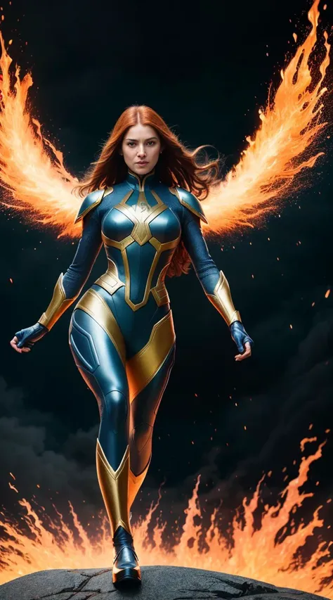 . Gorgeous X - men Jean Grey Phoenix wearing sleek pearlescent diamond armor levitating with hands raised, engulfed in flames emanating from body, molten lava landscape, magical, smooth sharp rendering, spectacular, 16k UHD, hyper realistic, Intricate fine details film composition, high detail, super realism, film lighting, shooting in 50mm lens, ultra wide angle, depth of field, super detail, beautiful color coding, beautiful color grading, illusion engine, film, color grading, editing photography, photography, photo shooting,
