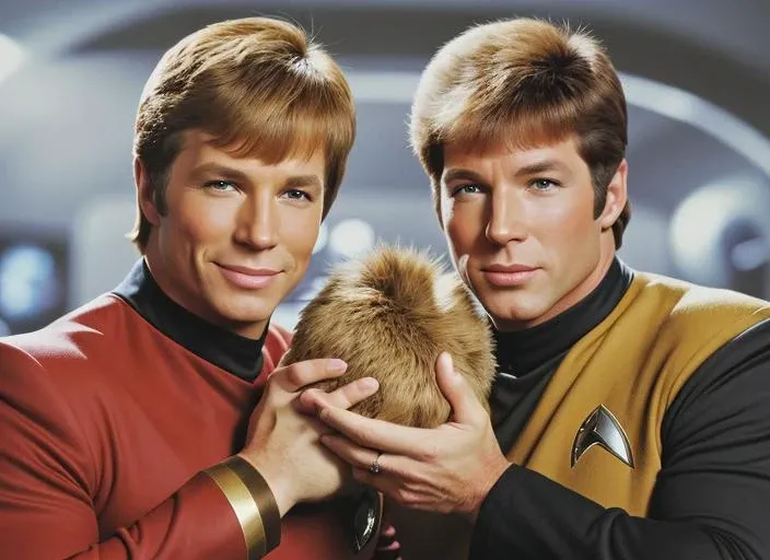 Captain Kirk holding a tribble. star trek, star trek the original series, james t. kirk, grimace, holding object, holding tribble, tribble, fur, (multi tribble:1.4)