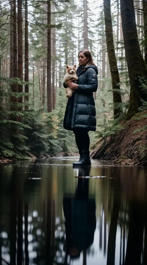. woman; with a baby bear;, selfie, photo, real-life, forest photo realistic, ultra details, natural light, light background photorealistic, cinematic lighting, dark atmosphere, volumetric lighting, action pose, epic scene, lots of fine detail, movie style, photography, natural textures, natural light, natural blur, photorealism, cinematic rendering, ray tracing, highest quality, highest detail, Cinematic, Blur Effect, Long Exposure, 8K, Ultra-HD, Natural Lighting, Moody Lighting, Cinematic Lighting, hyper-realistic, vibrant, 8k, detailed, ultra detailt,