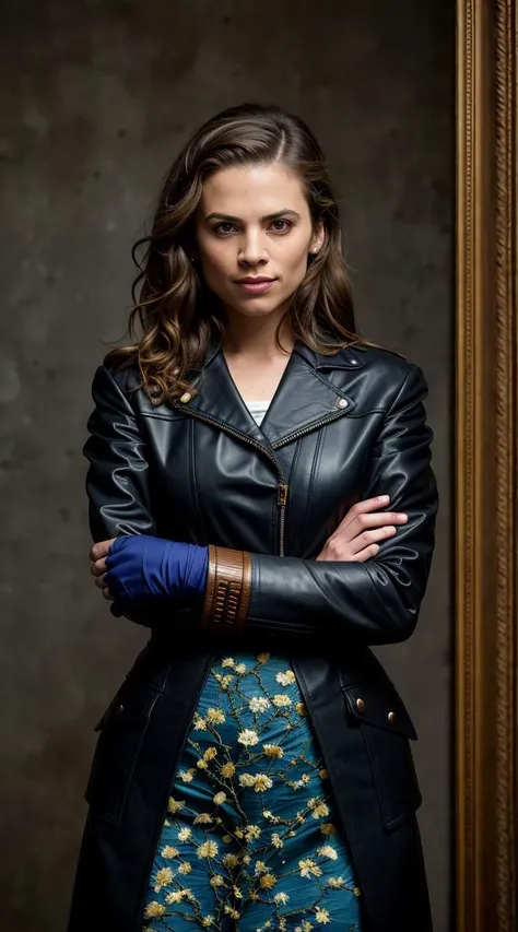 .<lora:rMadArt3_NoiseOffset:1>, Full body shot of Koh_HayleyAtwell standing tall on a busy city street, with her signature tattooed leather jacket, black leather boots, and fur coat shirt, as the (Tilt Shift Effect:0.9) draws attention to her stunning (vivid and dark) ensemble. The (Vincent van Gogh:1.3) style background, with bold brushstrokes and vibrant colors, creates a dynamic and dramatic contrast to the modern urban setting, evoking a sense of timelessness and mystery.