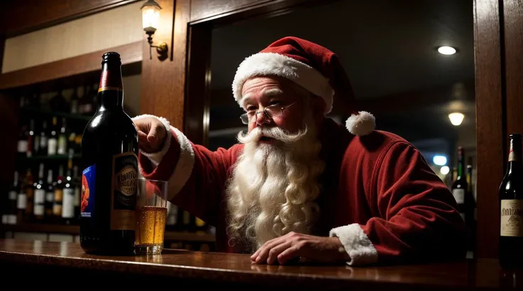 . drunk, creepy santa, muddy, crowded bottles bar, intricate details, hdr, intricate details, hyperdetailed, cinematic, dark shot, muted colors, film grainy, soothing tones, muted colors, technicolor