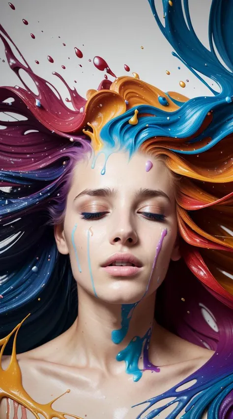 . (level difference:1.8),(Paint colliding and splashing on the canvas),(depth of field),1girl's side face blends into it,((side face)),open mouth,(liquid paint rainbow hair:1.1) made of paint and defies gravity,thick flowing,(paint splatter:1.3),Liquid state,stunningly beautiful, masterpiece, detailed background,ultra high quality model, ethereal background,abstract beauty, explosive volumetric, oil painting,heavy strokes,Romantic lighting,Sub-Surface Scatterring,lens 135mm,f1.8,glow,8k,high resolution, dreamy,ray tracing,hdr,god rays