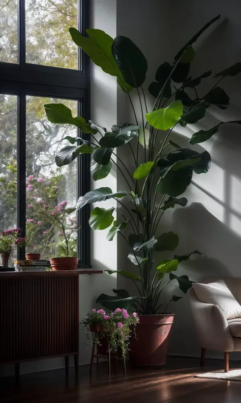 a solarpunk living room with lots of flowers and plants, dark theme, (gaussian blur:1.2) <lora:LowRA:0.4> (high key abstract photo masterpiece:1.2) raw photo, film grains, shallow, depth field, bokeh, Best quality, masterpiece, ultra high res, (photorealistic:1.4), (smooth light:1.4)