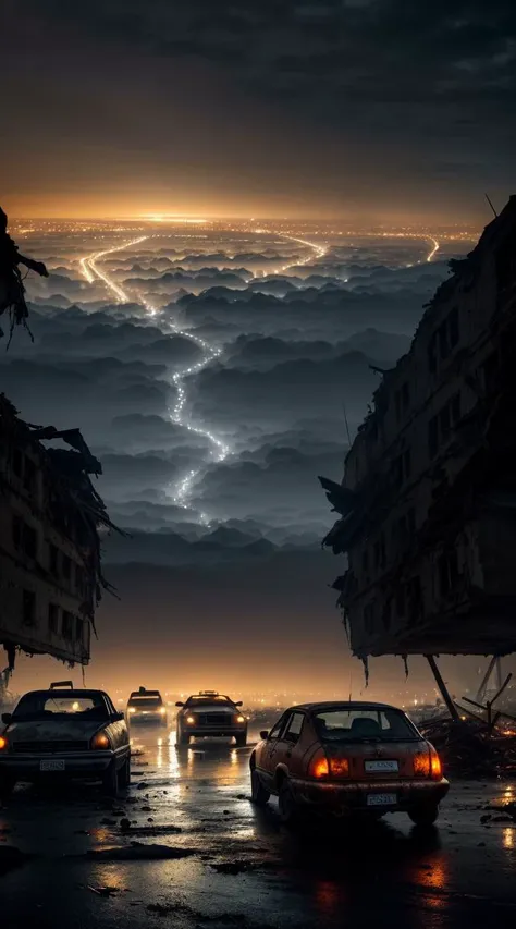 . night, inside of destroyed city view, ruins, dark cloud, a lots of broken cars, no humans, raining day, ((apocalyptic)), (masterpiece:1.3), (best_quality:1.3), (ultra_detailed:1.3), 8k, extremely_clear, realism, (ultrarealistic:1.3),