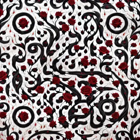 A beautiful gothic black and red rose and vine artwork. black rose, thorn, blood droplets, dripping, swirl