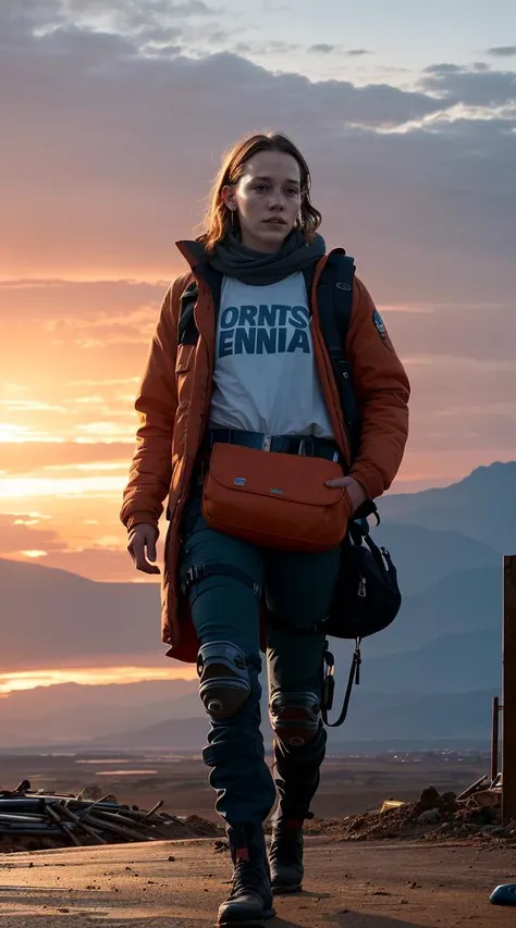 . Photorealistic rendering of fenn_victoria in his iconic outfit, high-quality CG art by ArtStation's top artists, (post-apocalyptic setting), (dramatic orange sky), (attention to lighting:1.3), (hyper-realistic rendering:1.2), great attention to detailing hair and props, inspired by the works of James Cameron and Akira Toriyama, artfully composed with a focus on character's strength, trending on social media and CG communities