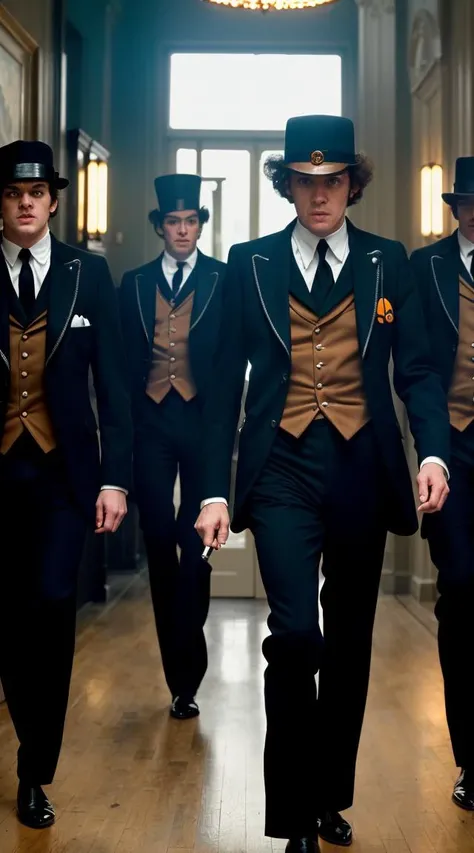 .<lora:rMadArt3_NoiseOffset:1>,  crazy insane, high energy, magic, hyper realistic, detailed and realistic Bank robbers (in the style of 'a clockwork orange'). photographed by stanley kubrick photorealistic, cinematic lighting, volumetric lighting, dark atmosphere, soft lighting,