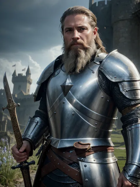 photorealistic, top quality, masterpiece, cinematic composition, slow motion, (medium shot of a medieval knight, sombre and weathered face, beard, grey hair:1.2), wearing grey metalic chain mail underneath a plate armour, (realistic and detailed|intricate armour, realistic and detailed|intricate grey metalic chain mail:1.2), (visible face:1.3), (photorealistic physiognomy|eyes|iris|skin|musculature, detailed skin, skin texture, natural skin), (holding a sword in his hand:1.2), frontal perspective, imposing and determined pose, looking forward with determination, skin imperfections, natural skin wrinkles, (natural skin spots:0.4), highly detailed clothes, abundant details, intricate details, realistic wrinkles in clothing, medieval fantasy landscape, cloudy sky, castle in the distance, radiant lighting, deep shadows, dramatic scene, dark and cool colour palette, blue and grey tones, No other characters in the scene, detailed landscape, volumetric lighting, (detailed lighting), detailed light reflections on armour, 8k, highly detailed, UHD, HDR, photorealistic facial expression|hairstyle, <lora:rMadArt3_NoiseOffset:1>