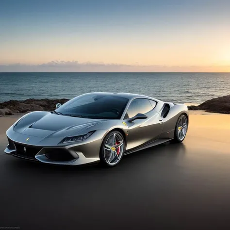 . <superb ferrari f8 tributo view from back, reflections, evening, sunset, beach, palms, ocean in the background, reflections, water> , photo, studio lighting, sony a7, 35mm, hyperrealistic, big depth of field, concept art, colors, hyperdetailed, hyperrealistic