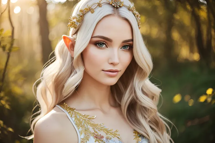 Cinematic close-up portrait OF mesmerizing elf woman, enchanting eyes, high cheekbones, slight smile, cascading golden hair, intricate silver headpiece BREAK lavish attire, nature-inspired embroidery, jeweled accents BREAK ethereal forest background, sunbeams filtering through leaves, vibrant colors BREAK dreamy atmosphere, soft focus, warm lighting, delicate contrast