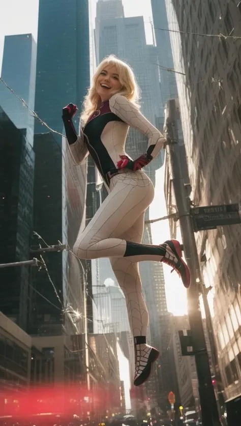 ._Emotions_grin512, <lora:epiNoiseoffset_v2:1>,  SpiderWoman Gwen Stacy RAW candid cinema, woman, studio, 16mm, ((color graded portra 400 film)) ((remarkable color)), (ultra realistic), textured skin, remarkable detailed pupils, ((realistic dull skin noise)), ((visible skin detail)), ((skin fuzz)), (dry skin) shot with cinematic camera,