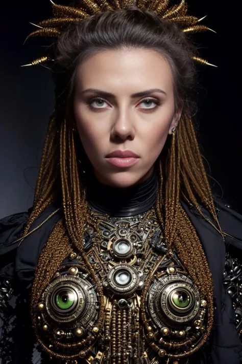 scarjo-subject <lora:rmadart3NoiseoffsetSD1_v10:4>, Biomechanical hacker - shaman of the sisterhood of cables wearing cable - dress made of cables with biomechanical filigree, super haute couture highly detailed eye, highly detailed lips, highly detailed skin, bokeh, lenseflare, by Emil Melmoth, Marcin Nagraba, Rebecca Millen, shot with Hasselblad X1D - 50c