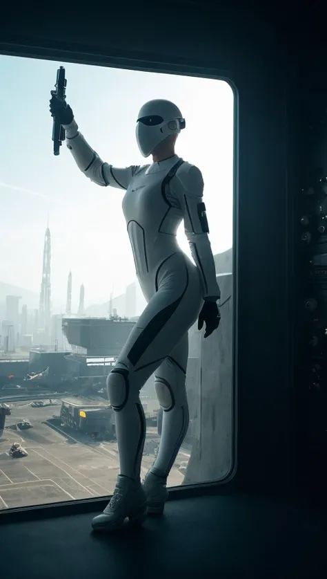. <lora:rMadArt3_NoiseOffset:4>, armed female figure in a white sci-fi suit (tight jumpsuit), at the spaceport, against the background of a sci-fi ship taking off, overcast, mask, sci-fi visor, sci-fi lens, sci-fi respirator, bald head, plate armor, isolated armor, third-person view from below, lots of fine detail in the style of 'pursuit' by gesaffelstein, photorealistic, cinematic lighting, dark atmosphere, volumetric lighting, action pose, epic scene, lots of fine detail, movie style, photography, natural textures, natural light, natural blur, photorealism, cinematic rendering, ray tracing, highest quality, highest detail, Cinematic, Blur Effect, Long Exposure, 8K, Ultra-HD, Natural Lighting, Moody Lighting, Cinematic Lighting, hyper-realistic, vibrant, 8k, detailed, ultra detail,