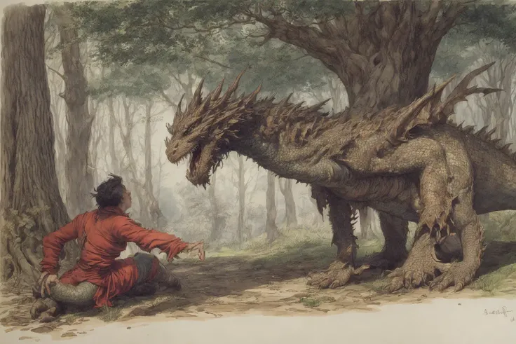 1 old wizard, a dragon, in the forest, dynamic pose, ink and watercolor painting, fantasy,
masterpiece, art by Arthur Rackham