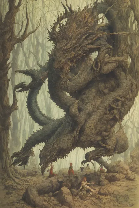 1 old wizard, a dragon, in the forest,  dynamic pose,  ink and  watercolor painting,  fantasy, 
masterpiece,  art by Arthur Rackham,