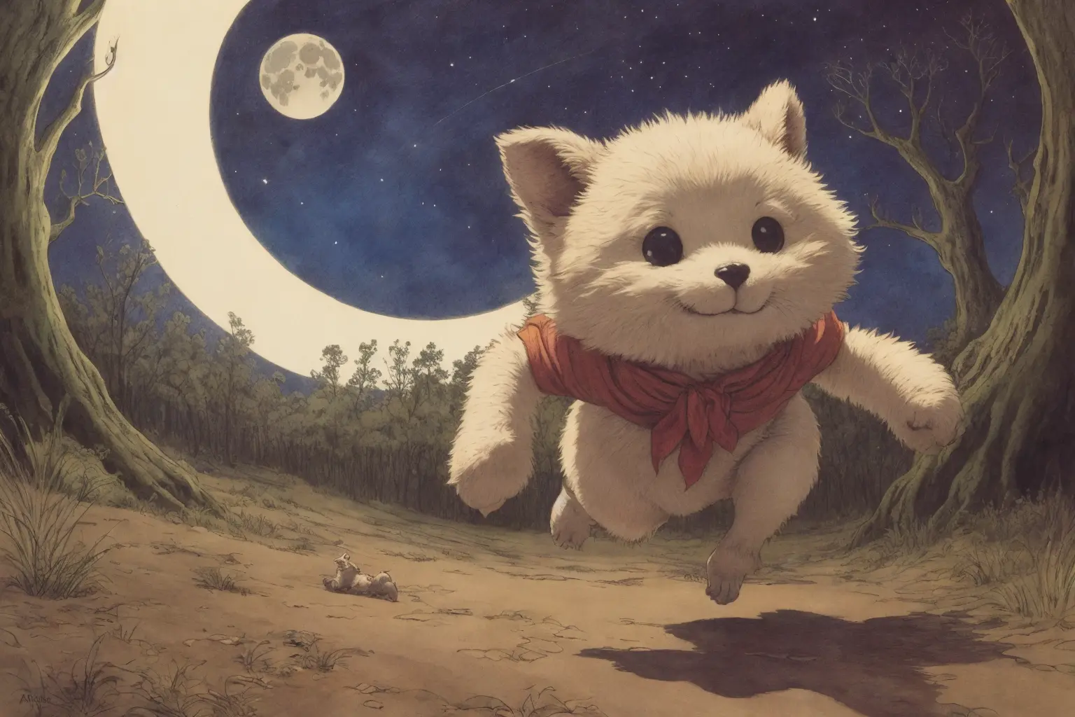 a big head, fluffy cute monster running across the forest, dynamic pose, night, moon, stars
fisheye view
ink and watercolor painting, detailed, fantasy, muted color,
masterpiece, art by Arthur Rackham, and Maurice Sendak
