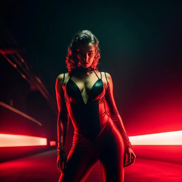 . Futuristic young woman, in a red Porsche suit by gesaffelstein, action pose, epic scene, lots of fine detail, movie style, photography, natural textures, natural light, natural blur, photorealism, cinematic rendering, ray tracing, highest quality, highest detail, Cinematic, Blur Effect, Long Exposure, 8K, Ultra-HD, Natural Lighting, Moody Lighting, Cinematic Lighting, hyper-realistic, vibrant, 8k, detailed, ultra detail,