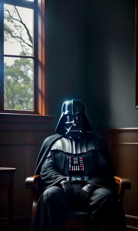 An old photo of a Darth Vader sitting in a house, vintage style, photorealistic, cinematic lighting, dark atmosphere, volumetric lighting, action pose, epic scene, lots of fine detail, movie style, photography, natural textures, natural light, natural blur, photorealism, cinematic rendering, ray tracing, highest quality, highest detail, Cinematic, Blur Effect, Long Exposure, 8K, Ultra-HD, Natural Lighting, Moody Lighting, Cinematic Lighting, hyper-realistic, vibrant, 8k, detailed, ultra detail, soothing tones, muted colors