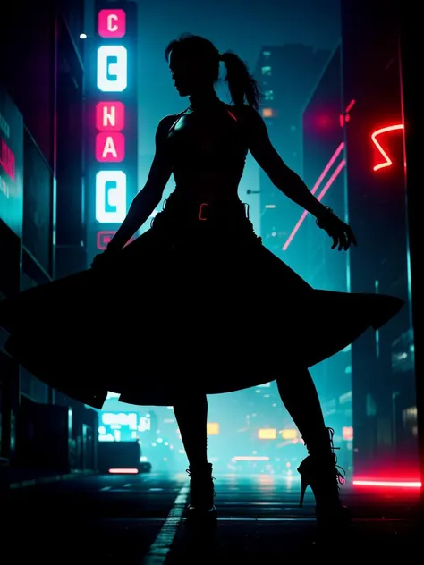 Urban sprawl, woman, urban dance clothing, dramatic lighting, high contrast, silhouette, poster-worthy, street fashion, graffiti, neon lights, shadows, dystopian, cyberpunk, futuristic, sci-fi, Tron, Bladerunner, Elysium, Westworld, neon noir, dance, fluid, dynamic, energy, movement, form, expression.