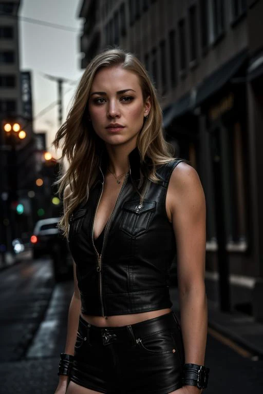 A stunning intricate full color portrait of beautiful yvonne strahovski smirking, wearing black leather jacket and shorts, punk rock sleeveless tee shirt and heeled boots, epic character composition, middle of the street, by Rosie Hardy, by Natacha Einat, sharp focus, natural light, cinematic lighting, dark theme, ray tracing, RAW photo, photorealism, (masterpiece, best quality, high quality:1.2), 8k uhd, dslr, film grain, fujifilm XTe