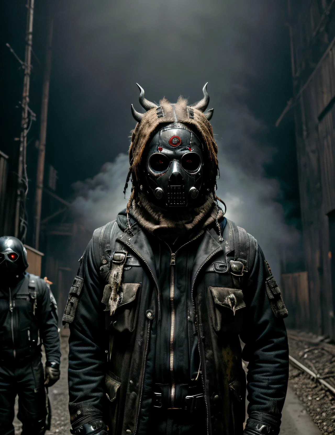 portrait photograph, industrial horror background, horror psycho mask, jumpsuit, trending on deviantart, dark atmosphere, taken with Fujifilm XT3, 55mm lens, cinematic lighting, volumetric lighting, spikes, needles, distorted faces, <lora:postapocalypseai_v10:0.2> <lora:darkRedVampire_v10:0.1> <lora:cyberdead2:0.1>