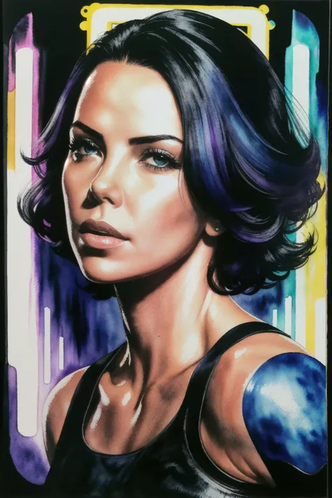 cinematic shot of  close up , Charlize Theron , wearing black tight, running,  upper body, multi-color hair, cyberpunk, neon light,
photorealistic, best quality, masterpiece negative space 
((ink and watercolor painting by Drew Struzan))
 <lora:rMadArt3_NoiseOffset:1>