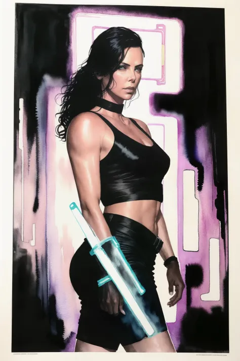 cinematic shot of Charlize Theron , wearing black tight, running,  upper body, multi-color hair, cyberpunk, neon light,
photorealistic, best quality, masterpiece negative space 
((ink and watercolor painting by Drew Struzan))