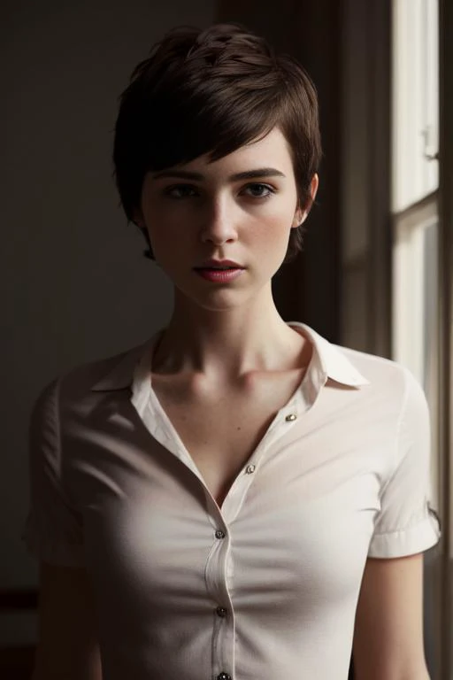 masterpiece, realistic, 8k, (1woman:1.3), european, white shirt, (dark hair:1.3) , <lora:A_Short_Hair:1>(short hair:1.3),