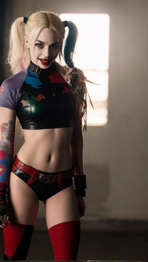 . scene of harley quinn shot on 35mm film. exaggerated manic delighted expression. sharp crisp detail. excited. wide eyes. intense. stark lighting. 21 years old. wide shot. long hair. attractive. backlit